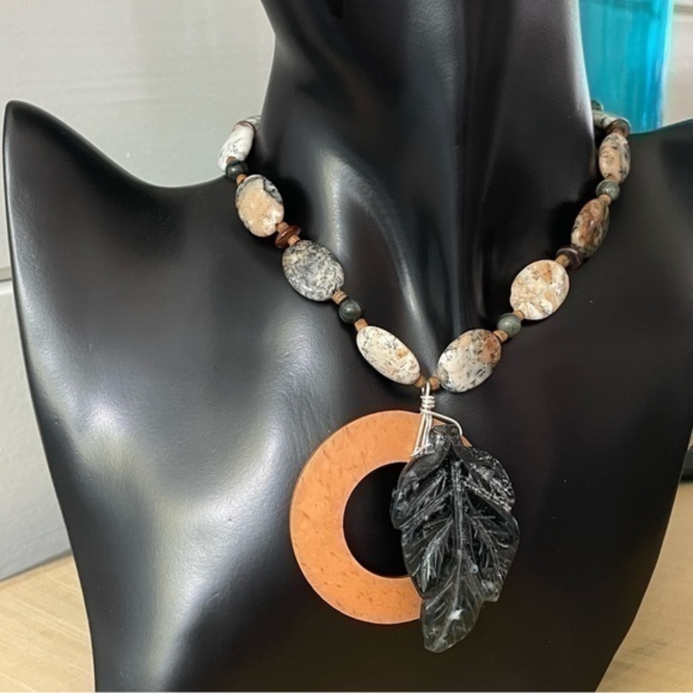Handmade Carved Seaweed Stone Wood Pendant Statement Necklace Long Beaded